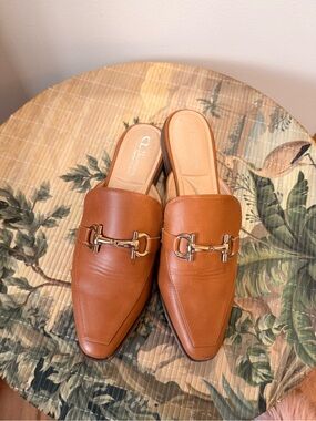 Leather Backless Mule Loafers in Cognac with Metal Bit